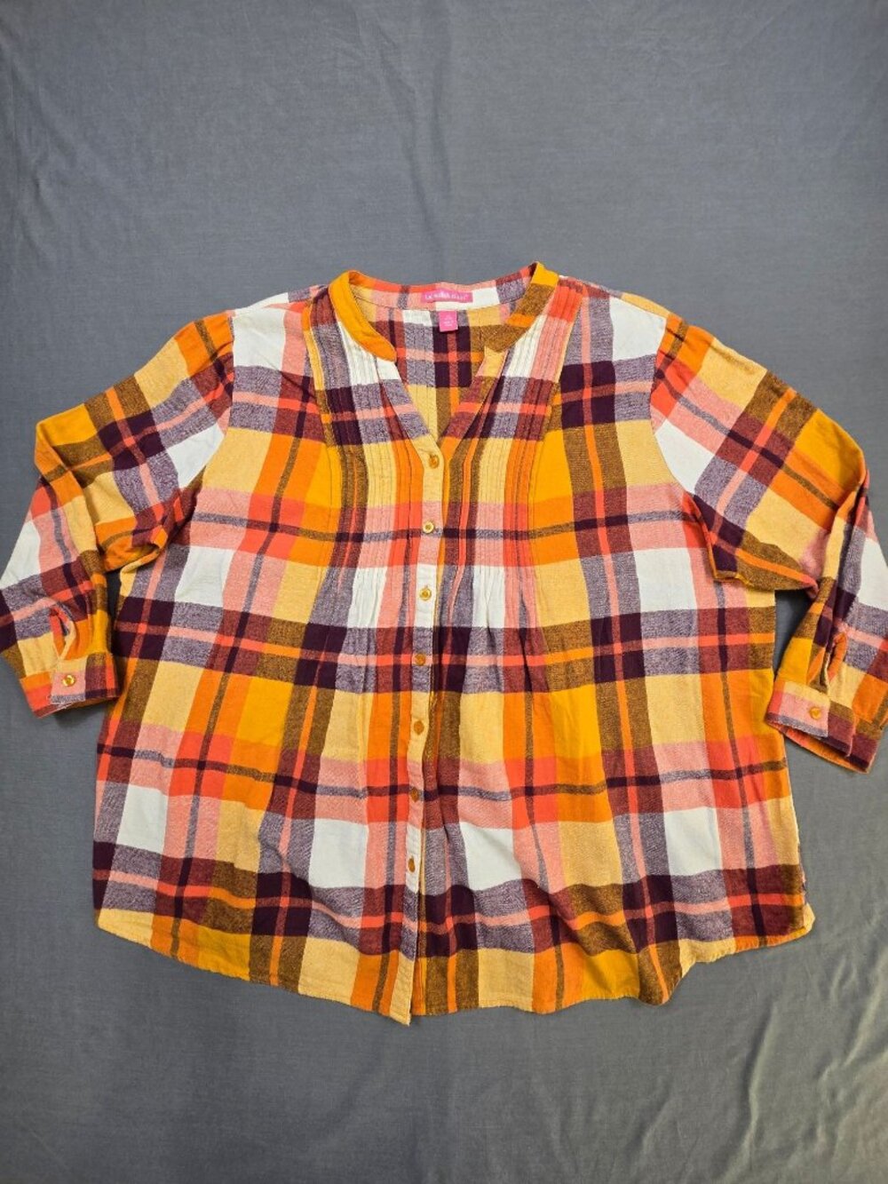 Woman Within 2X Flannel Plaid Button Front Shirt Orange Cotton Long Sleeve